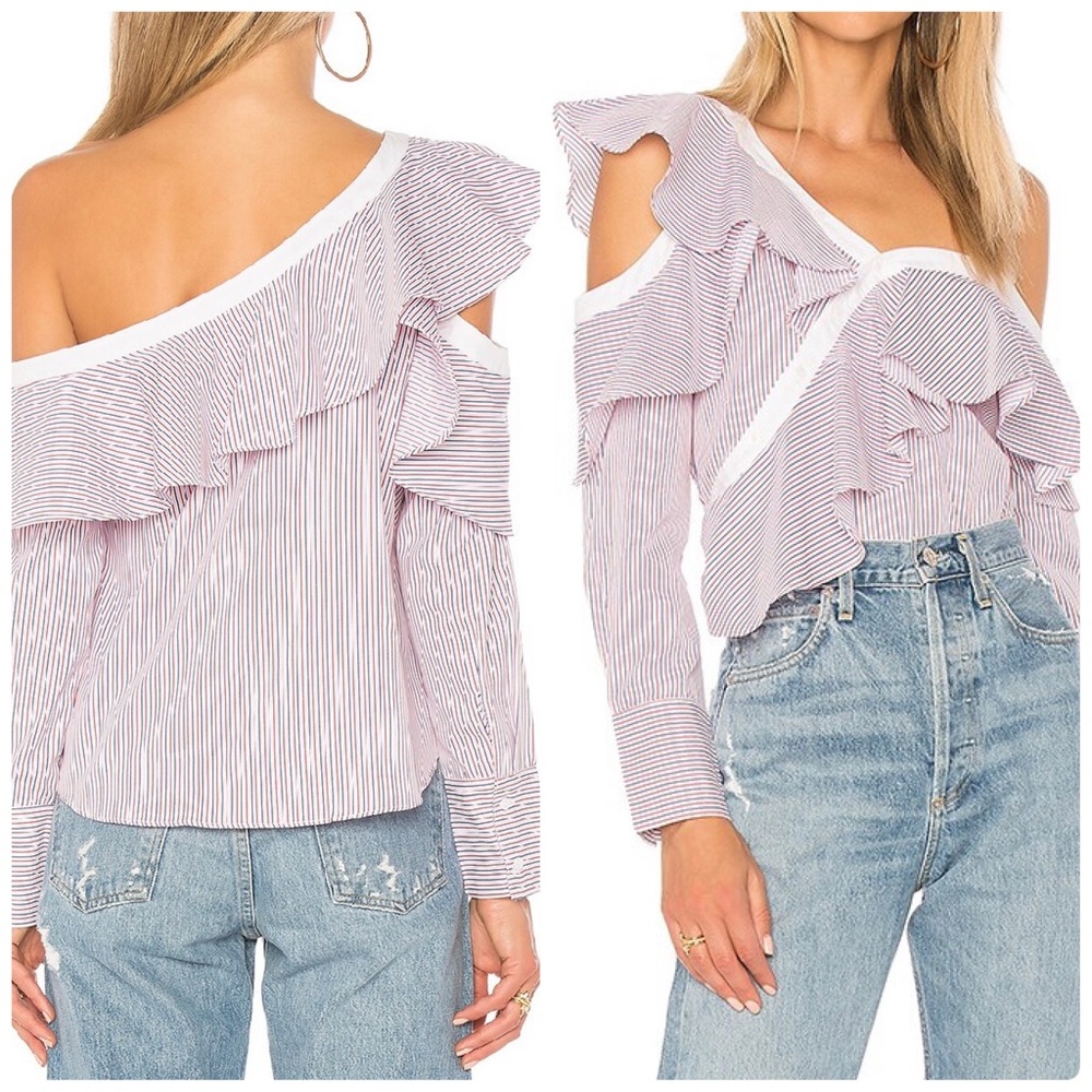English Factory One Shoulder Ruffle Striped Asymmetrical Red Multi Blouse